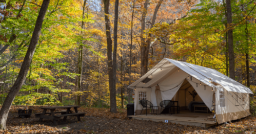 A cozy glamping tent in a forest with colorful autumn leaves and a picnic table nearby.