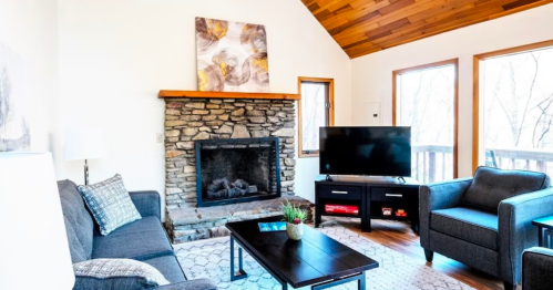 Cozy living room with a stone fireplace, modern furniture, and large windows overlooking nature.