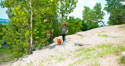 A child stands on a rocky slope, holding a toy while surrounded by trees and a clear blue sky.