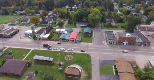 Aerial view of a small town with residential homes, shops, and trees, showcasing a peaceful community setting.