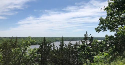 A scenic view of a river surrounded by lush green trees under a partly cloudy sky.