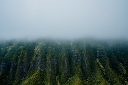 Lush green mountains partially shrouded in mist, creating a serene and mysterious landscape.