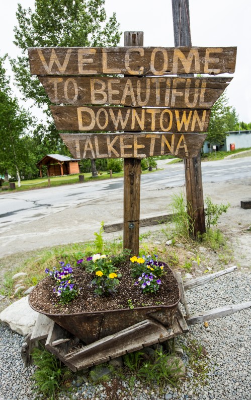 Wooden sign reading "Welcome to Beautiful Downtown Talkeetna" with a flower planter in front, set in a rural area.