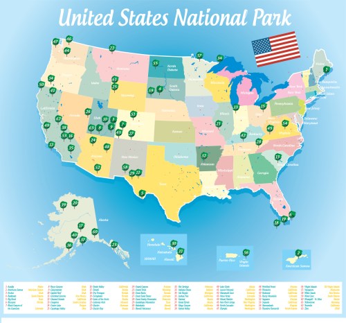 Map of the United States highlighting national parks, with state names, park locations, and an American flag.