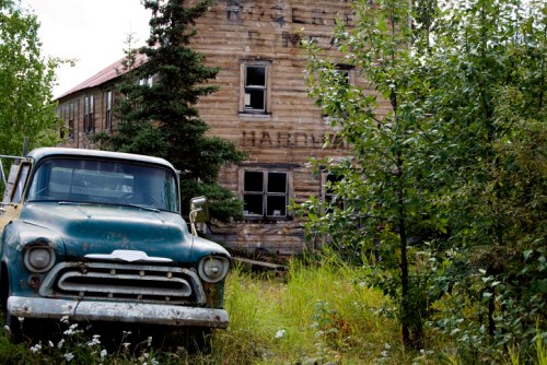 An old blue truck in front of a weathered wooden building, surrounded by overgrown grass and trees.