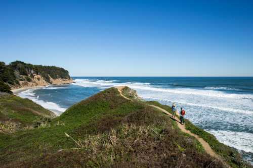 Two hikers walk along a coastal trail with waves crashing on the shore and a clear blue sky above.