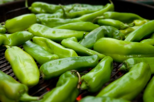 A close-up of various green peppers grilling on a barbecue, showcasing their vibrant colors and textures.