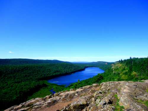 A serene landscape featuring a blue lake surrounded by lush green forests under a clear blue sky.