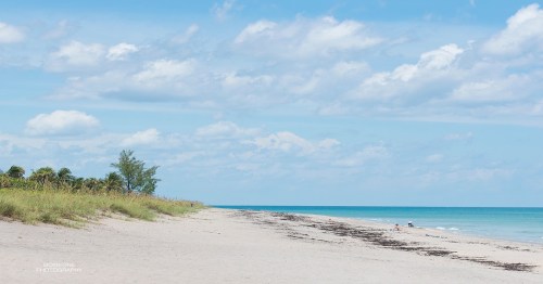 A serene beach scene with soft sand, gentle waves, and a clear blue sky dotted with clouds.