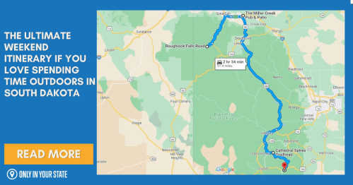 Map showing a scenic route in South Dakota for an outdoor weekend itinerary, with a "Read More" button.
