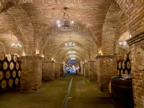 A dimly lit brick wine cellar with arched ceilings, wooden barrels lining the walls, and soft chandeliers illuminating the space.