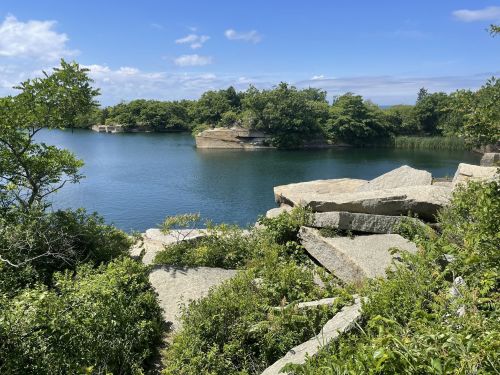 A serene lake surrounded by greenery and rocky outcrops under a clear blue sky.