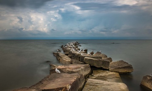 A rocky jetty extends into a calm sea, with seagulls perched on the stones under a cloudy sky.
