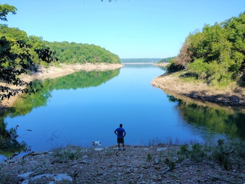 A person stands by a calm lake surrounded by green trees, reflecting the clear blue sky.