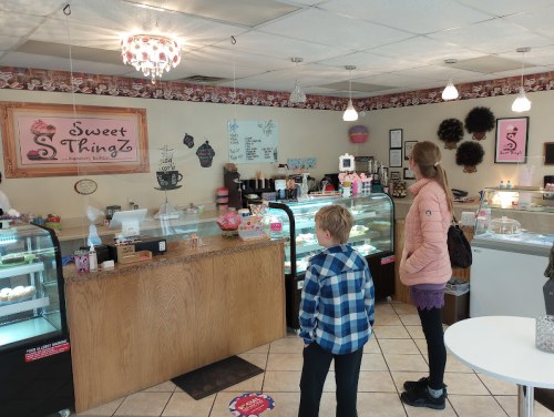 A child and an adult stand in a cozy bakery, looking at a display of colorful desserts and treats.
