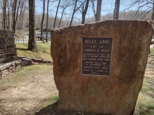 A stone monument at Boley Lake honors Jennings C. Boley for his service in West Virginia State Parks.
