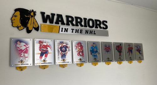 A wall display featuring hockey players' plaques with the title "Warriors in the NHL" above them.