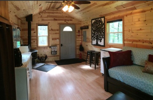 Cozy interior of a wooden cabin with a couch, kitchenette, and a door leading outside, surrounded by trees.