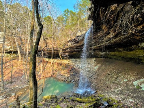 A serene waterfall cascades from a rocky overhang into a tranquil pool, surrounded by trees and natural beauty.