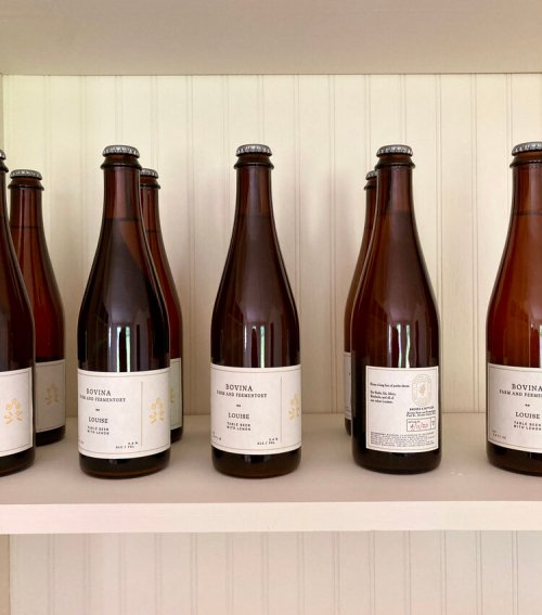 A shelf displaying several brown glass bottles of Bovina beer, labeled "Louise" with simple white labels.
