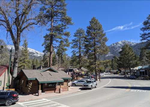 A scenic view of a mountain town with log cabins, tall trees, and snow-capped mountains in the background.
