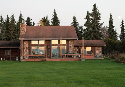 A cozy log cabin with large windows, surrounded by green grass and tall trees under a clear sky.
