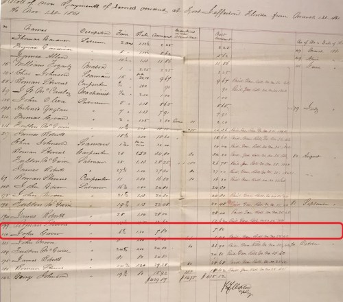 Historical document listing names, dates, and details, with a highlighted row for "John Brown" and associated information.