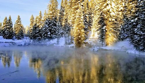 A serene winter scene with snow-covered trees reflecting in a misty river under a clear blue sky.
