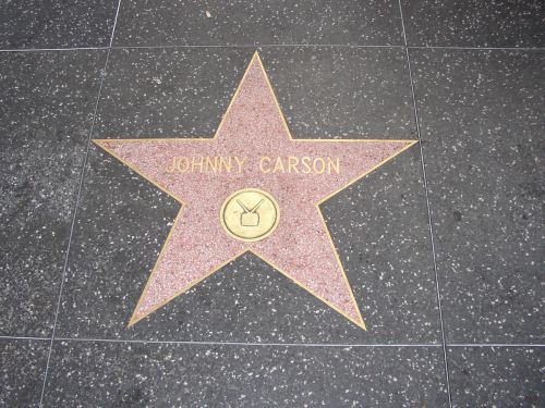 Star on the Hollywood Walk of Fame honoring Johnny Carson, featuring his name and a television icon.