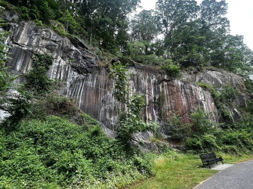 A rocky cliffside covered in greenery, with a path and a bench in the foreground under a cloudy sky.
