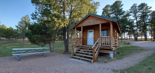 A small wooden cabin with a porch, surrounded by trees and a picnic table nearby in a grassy area.