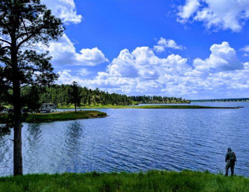 A serene lake scene with a person fishing, surrounded by lush greenery and fluffy clouds in a blue sky.
