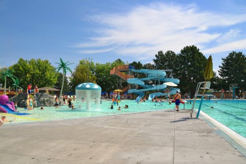 A vibrant water park scene with a large slide, kids playing in the pool, and palm trees under a clear blue sky.