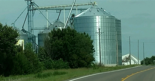 Metal grain silos beside a rural road, surrounded by greenery and agricultural structures under a clear sky.