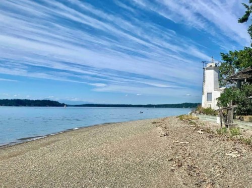 A serene beach scene with a lighthouse, calm water, and a blue sky filled with wispy clouds.