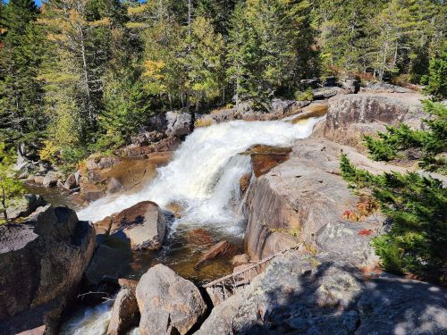 A serene waterfall cascades over rocky terrain, surrounded by lush trees and autumn foliage.
