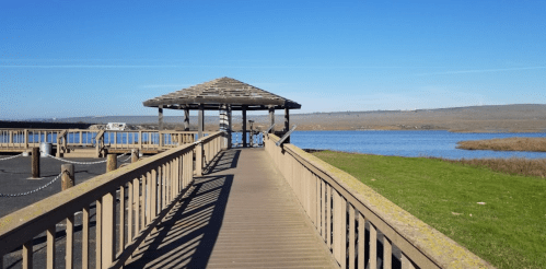 A wooden walkway leads to a gazebo by a calm lake, with clear blue skies and grassy areas on either side.