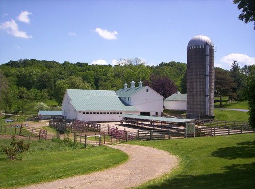 A scenic farm with a white barn, silo, and green fields under a blue sky with fluffy clouds.