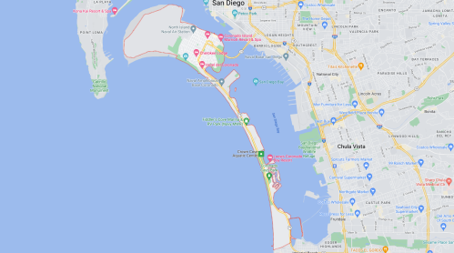 Map of San Diego coastline, highlighting areas like North Island Naval Air Station and nearby attractions.