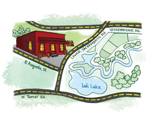 Illustration of a map featuring Lodi Lake, roads, and a red building near E Augusta St and W Turner Rd.