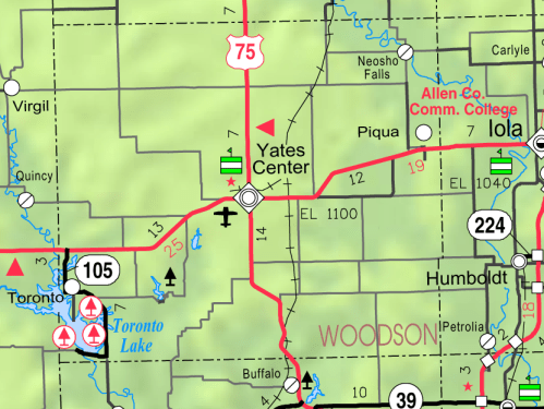 Map showing highways and towns in Kansas, including Yates Center, Piqua, and nearby landmarks.