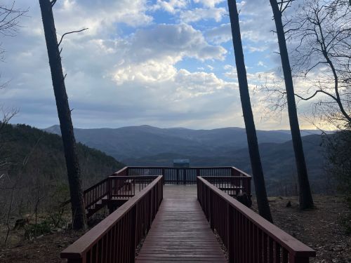 A wooden deck overlooks a mountainous landscape under a cloudy sky, framed by tall trees.