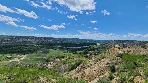 A panoramic view of rolling green hills and a winding river under a bright blue sky with fluffy clouds.
