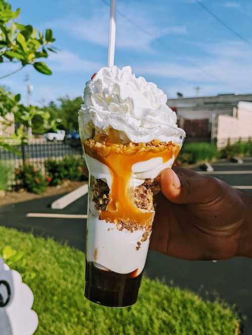 A hand holding a layered dessert cup with whipped cream, caramel, granola, and yogurt against a sunny background.