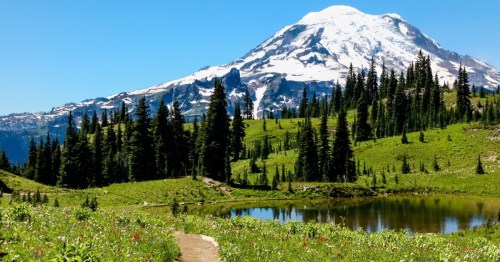 A scenic view of a snow-capped mountain surrounded by green meadows and a tranquil pond under a clear blue sky.