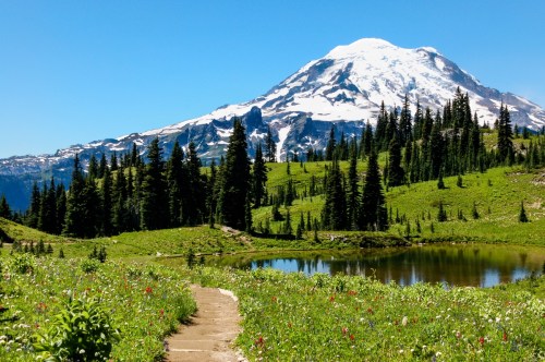 A scenic view of a mountain with snow-capped peaks, surrounded by lush green meadows and a tranquil pond.