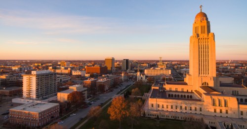 Nebraska State Capitol in Lincoln at sunset.