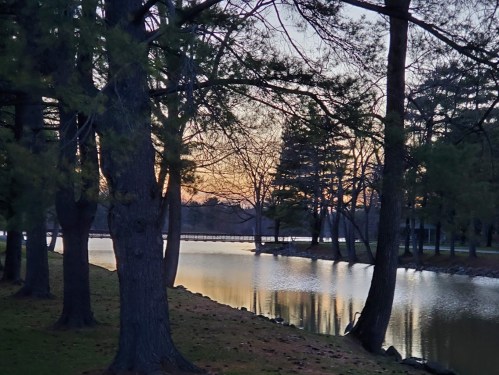 A serene lakeside scene at dusk, with trees framing the water and a bridge in the distance under a colorful sky.
