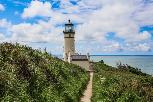 A lighthouse stands on a grassy hill overlooking the ocean under a partly cloudy sky.