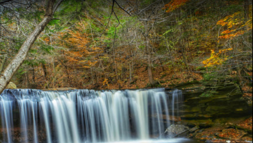 A serene waterfall cascades over rocks, surrounded by autumn foliage in a tranquil forest setting.